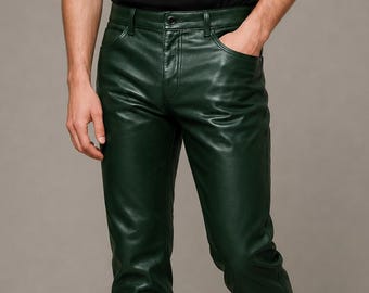 Groene echte lamsleren motorbroek heren, slim fit leren motorbroek