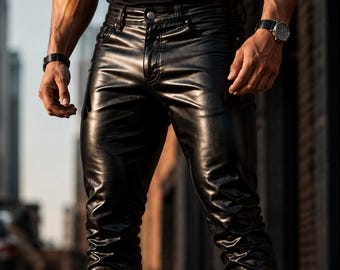 May include: Black leather pants with a shiny finish. The pants are paired with black leather boots. The image is taken outdoors, with a blurred background of a city street.