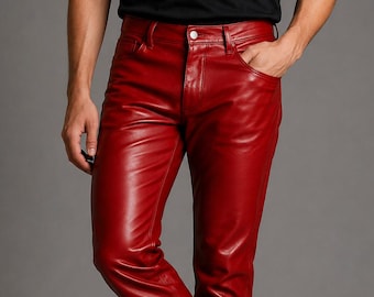 Men's Red Genuine Lambskin Leather Slim Fit Biker Pant