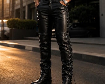 Zwarte leren slim-fit bikerbroek heren, leren motorbroek met veters