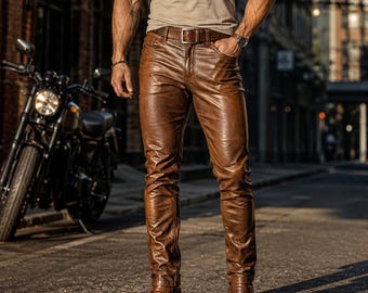 Mens Brown Leather Biker Pant, Distressed Slim Fit Style Motorcycle Trousers
