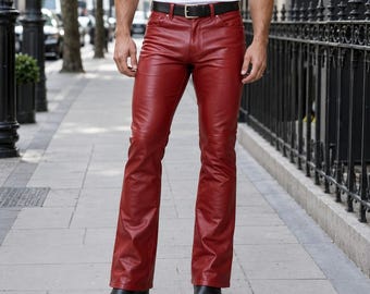 Rode leren bootcut-broek heren – echte lamsleren motorbroek