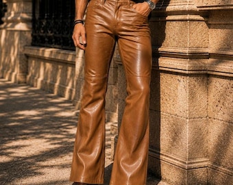 Bruine echt lamsleren broek van echt lamsleer voor heren – retro flare-broek jaren 70