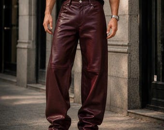 Bourgondische echt lamsleren wijde broek heren – Streetwear-broeken met wijde pijpen