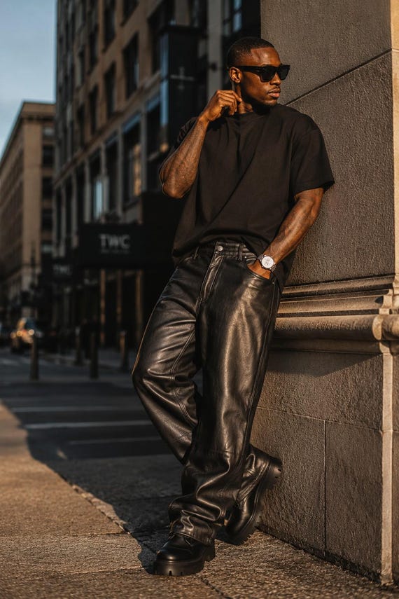 Men's Black Genuine Lambskin Leather Baggy Pants – Wide Leg