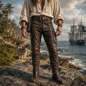 May include: A pair of dark brown leather trousers featuring a front lace-up closure, a wide belt with a metal buckle, and reinforced knee panels with metal studs. The trousers include a side pocket and are paired with a cream-coloured long-sleeve shirt.