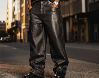 Zwarte echt lamsleren wijde broek heren – Streetwear-broek met wijde pijpen