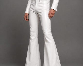Witte leren Bell Bottom-broek heren – wijd uitlopende Rock Star-broek jaren 70