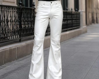 Witte Bell Bottom-broek van echt lamsleer heren – retro flare-broek jaren 70