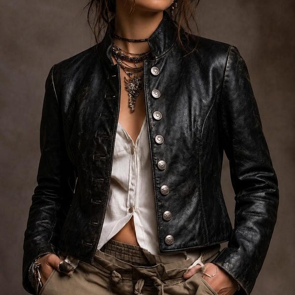 Womens Genuine Lambskin Military Leather Jacket, Distressed Gothic Steampunk Bolero Jacket