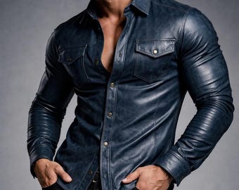 Donkerblauwe heren slim-fit bikershirt van verweerd lamsleer, motorstijl