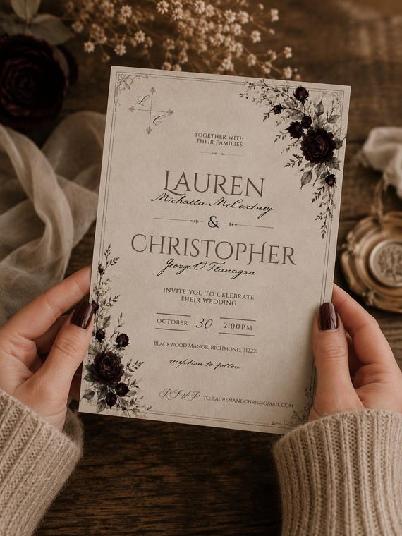 Gothic Floral Wedding Invitation, Instant Edit Digital Download