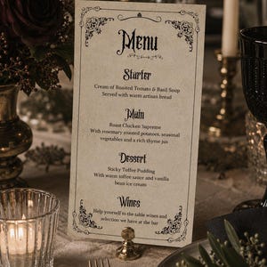 Vintage Gothic Style Wedding Menu, Instant Edit, Printable Digital Download