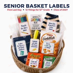 May include: A woven basket containing a senior survival kit with various items including a pack of coloured pencils, a navy notebook, a pair of striped socks, a bag of Goldfish crackers, Reese's Pieces, and Extra gum, each with a printed label.