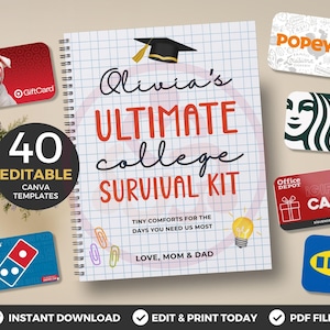 Könnte beinhalten: Ein Notizbuch mit dem Titel "Olivia's ULTIMATE college SURVIVAL KIT" mit Geschenkkarten von verschiedenen Einzelhändlern. Das Notizbuch enthält 40 bearbeitbare Canva-Vorlagen. Der Text lautet "Tiny comforts for the days you need us most." Das Notizbuch ist spiralgebunden.