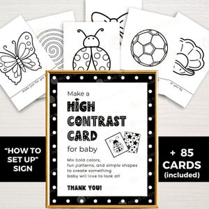 Op de afbeelding: Een set zwart-witte contrastkaarten voor baby's met diverse lijntekeningen, waaronder een vlinder, een voetbal en een lieveheersbeestje. Het centrale bord toont de tekst Make a HIGH CONTRAST CARD for baby.