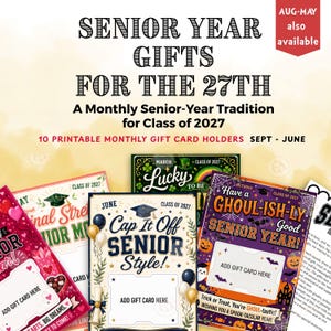 May include: A set of ten printable monthly gift card holders for the Class of 2027, featuring themed designs for September through June. Each card includes a designated white rectangular space labelled ADD GIFT CARD HERE for gift card placement.