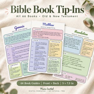 May include: Three printed Bible book tip-ins featuring summaries for Genesis, Matthew, and Revelation. Each guide includes sections titled The Big Picture, Book Map, What We See of God, and Pointing to Jesus. The text is organised in coloured boxes on white paper, measuring 12.7 x 19.05 cm.