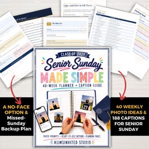 Può includere: Un pianificatore di 40 settimane e guida alle didascalie intitolato Class of 2027 Senior Sunday Made Simple. Il documento include suggerimenti fotografici, didascalie pronte all'uso e pagine di pianificazione, con uno smartphone e un tocco.