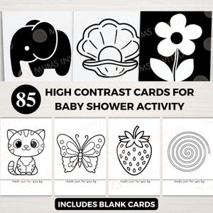 Op de afbeelding: Een set van 85 contrastrijke kaarten voor een babyshower-activiteit met zwart-witillustraties van een olifant, een schelp, een bloem, een kat, een vlinder, een aardbei en een spiraal. Elke kaart bevat de tekst made just for you by.