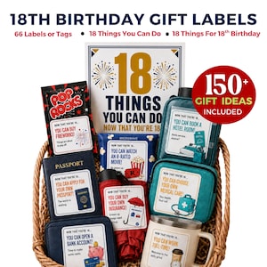 May include: A wicker basket filled with 18th birthday gift labels and tags. Items include a passport holder, a travel pouch, a mug, and an umbrella, each featuring text like 'You can apply for your own passport' and 'You can work full-time'.