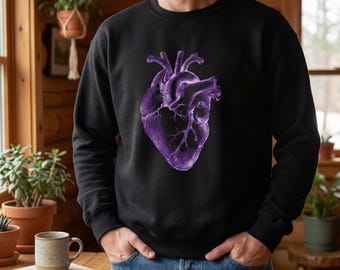 Moletom roxo com estampa de coração anatômico | Vestuário médico estilo Dark Academia, moletom para estudantes de cardiologia