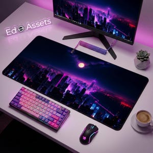 Neon Cyberpunk City skrivbordsmatta | Futuristisk nattlandskapsmusmatta | Mörkt lägesprogrammerare skrivbordsuppsättning