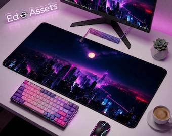 Tapis de bureau néon Cyberpunk City | tapis de souris futuriste de paysage nocturne | Configuration du pupitre de programmation en mode sombre