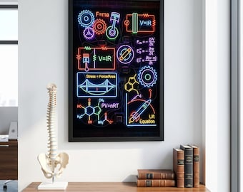 affiche au néon d'équations scientifiques de Zazzle.be Liste d'envies Vous avez des idées ? STEM Physique Chimie Génie Art | Décoration d'espace de travail cyberpunk mode sombre | Art mural bureau d'ingénieur |
