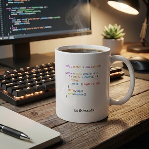 May include: A white ceramic coffee mug with a programming code snippet printed on it. The mug is filled with dark coffee, and steam rises from the top. The text "Ed Assets" is printed on the mug.