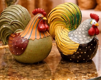 Vintage Japanese Sasano-bori Carved Wood Rooster Figurines