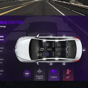 May include: A top-down view of a white car's interior displayed on a purple screen. The screen shows vehicle control options, including interior lights and temperature, with the text "VEHICLE CONTROL". The car is on a road.
