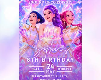 Faire-part d'anniversaire chasseurs de démons Kpop, invitation Huntrix, invitations K-pop, modèle de toile modifiable (numérique et imprimable)
