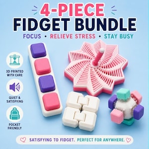 Può includere: Un set di 4 fidgets con push-pop, trottola, blocchi ad incastro e cubo. Il testo recita "Focus, Relieve Stress, Stay Busy". Il set è stampato in 3D, silenzioso, soddisfacente e tascabile. Vari colori.