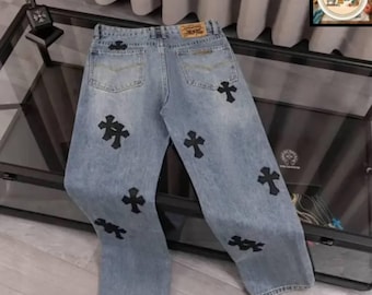Blue Cross Patch Jeans | Gothic Denim Pants | Y2K Streetwear Jeans