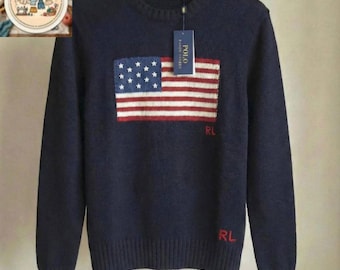 Authentic Ralph Lauren Navy Blue US Flag Polo Sweater, Men’s Knit Crewneck.