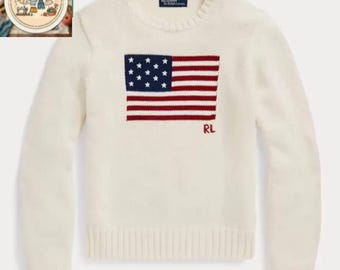 Vintage Polo Ralph Lauren USA Flag Knit White Sweater American Flag RL Pullover Knitwear