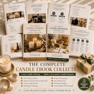 May include: A collection of digital ebooks titled The Complete Candle Ebook Collection, featuring guides on candle making and business strategies, displayed with open pages showing recipes, checklists, and photography tips, alongside a gift box.