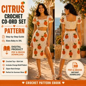 May include: Cream-colored crochet co-ord set featuring orange motif patterns. The set includes a crop top with short sleeves and a skirt with a front slit. The image also displays the text "CITRUS CROCHET CO-ORD SET PATTERN".