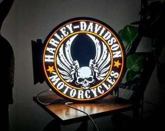 Vintage Harley-Davidson-inspirierte, doppelseitige Wandleuchte – Garagen- & Biker-Deko/Originelles Geschenk/Motorräder/HD-Schild