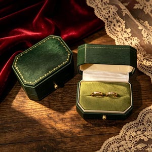May include: Two dark green velvet ring boxes with gold trim, one closed and one open, containing two gold bands. The open box features a light green velvet interior lining. The boxes are rectangular with rounded corners and a small gold clasp.