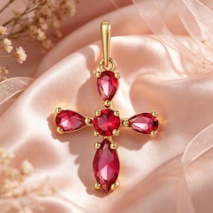 May include: A gold-colored pendant in the shape of a cross, adorned with vibrant red gemstones. The cross features a central round stone and teardrop-shaped stones at the ends of each arm. The pendant hangs from a loop at the top.