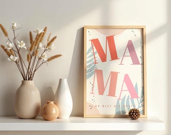 MAMA Poster, gerahmtes Boho Wandbild, Line Art, Botanik, Muttertagsgeschenk, Modern, Minimalistisch, Kunstdruck Matt/Satin inkl. Rahmen Weiß