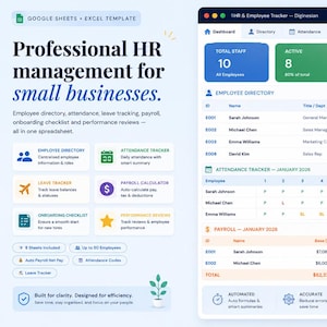 HR Employee Tracker Google Sheets, Small Business HR, Attendance Tracker, Payroll Calculator, Leave Tracker, Employee Directory