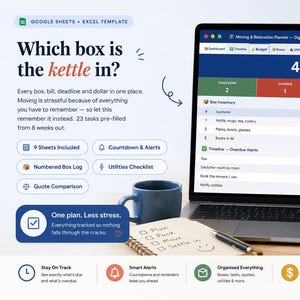 May include: A digital moving and relocation planner template displayed on a laptop screen. The interface shows a box inventory, budget tracker, and timeline with 45 days until moving day. Text includes Which box is the kettle in? and One plan. Less stress.