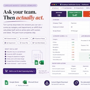 Employee Satisfaction Survey Google Sheets, Engagement Survey Dashboard, eNPS Calculator, HR Team Feedback Analysis Template