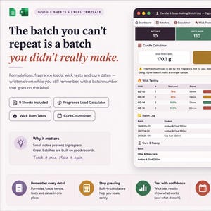 May include: A digital Google Sheets and Excel template for candle and soap making batch logs. The interface displays a dashboard with a candle calculator, wick testing data, and a batch log. Text includes The batch you can't repeat is a batch you didn't really make and various feature labels like 9 Sheets Included and Fragrance Load Calculator.