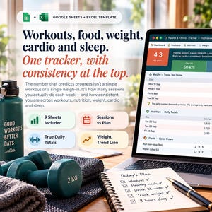 May include: A digital health and fitness tracker template for Google Sheets and Excel displayed on a laptop screen, featuring data tables for workouts, nutrition, weight, and sleep, alongside a notebook with a handwritten checklist and dumbbells.