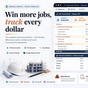 Construction Estimate Template Google Sheets, Contractor Bid Planner Calculator, Project Tracker, Invoice & Labor Cost Spreadsheet
