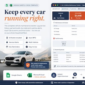 Car Maintenance Tracker Google Sheets, Vehicle Service Log Fuel MPG Tracker, Auto Repair History, Car Expense Reminder Template